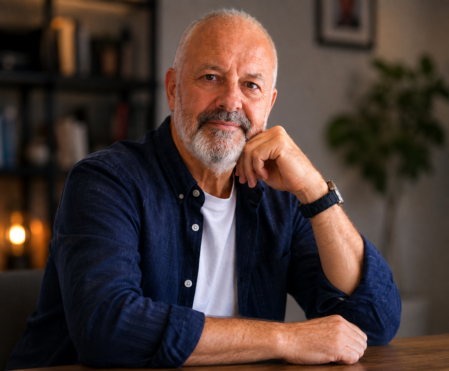 Portrait de Claude Salvato souriant dans un studio lumineux